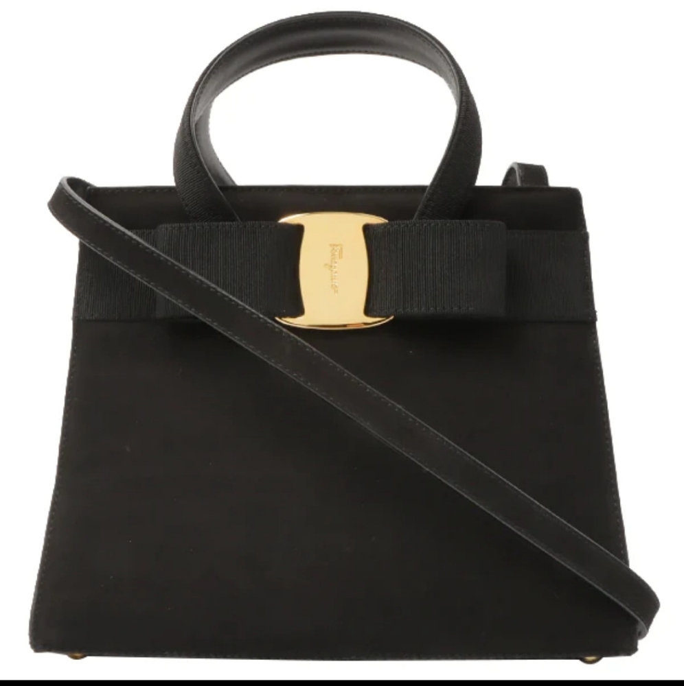 Salvatore Ferragamo Vara bow black suede bag. Top handle bag plus crossbody bag
